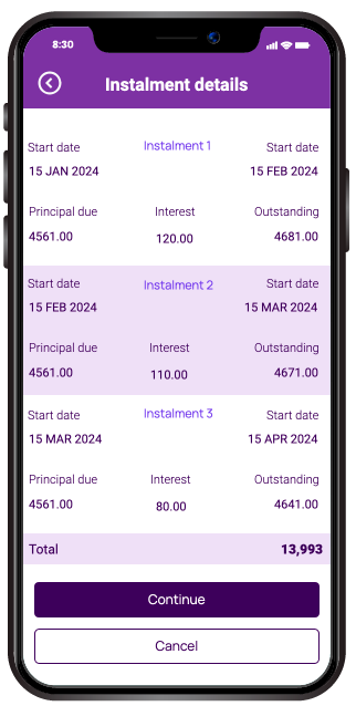 Loan installment screen of digital lending mobile app